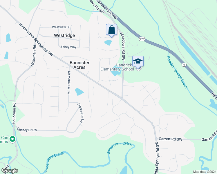 map of restaurants, bars, coffee shops, grocery stores, and more near 5312 Meadows Lake Crossing Southwest in Powder Springs