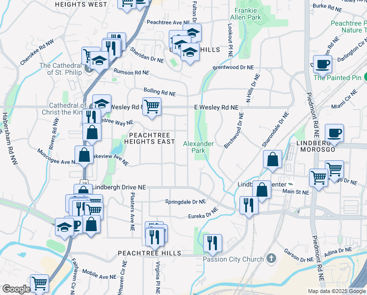 map of restaurants, bars, coffee shops, grocery stores, and more near 2580 Acorn Avenue Northeast in Atlanta