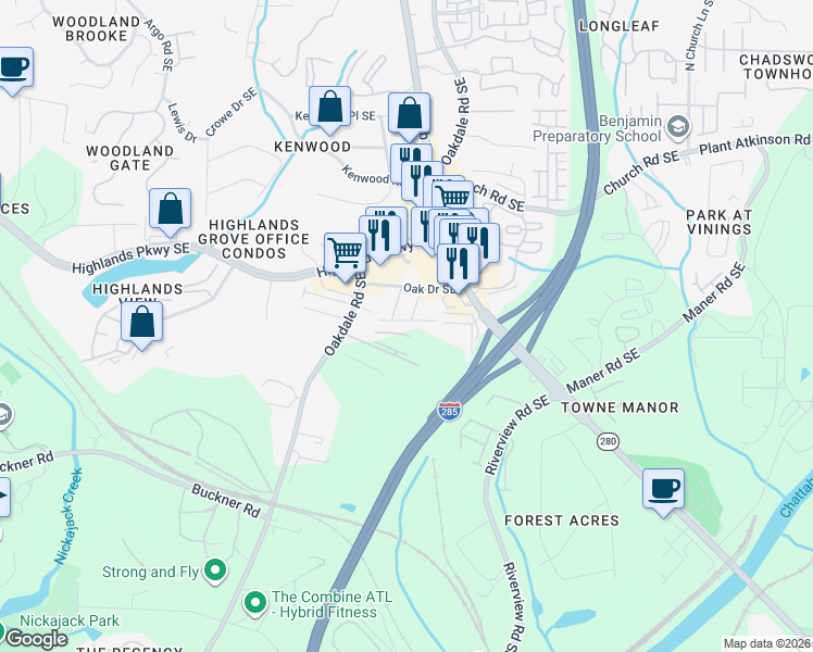 map of restaurants, bars, coffee shops, grocery stores, and more near 2224 Knoxhill View in Smyrna