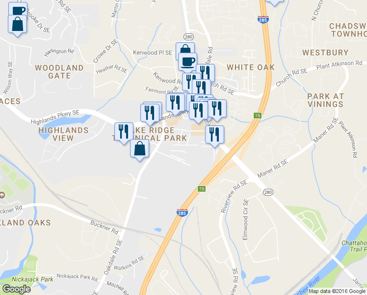 map of restaurants, bars, coffee shops, grocery stores, and more near 2222 Knoxhill View in Smyrna