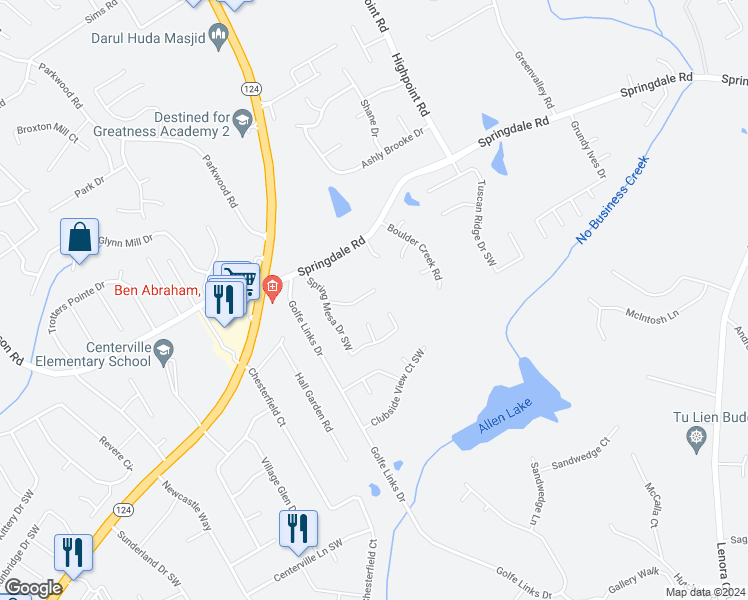 map of restaurants, bars, coffee shops, grocery stores, and more near 3232 Spring Mesa Court in Snellville