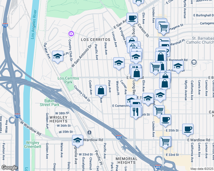 map of restaurants, bars, coffee shops, grocery stores, and more near 3734 Pacific Avenue in Long Beach