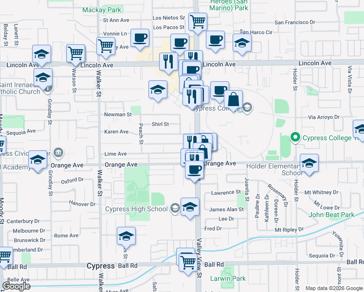 map of restaurants, bars, coffee shops, grocery stores, and more near 5922 Lemon Avenue in Cypress