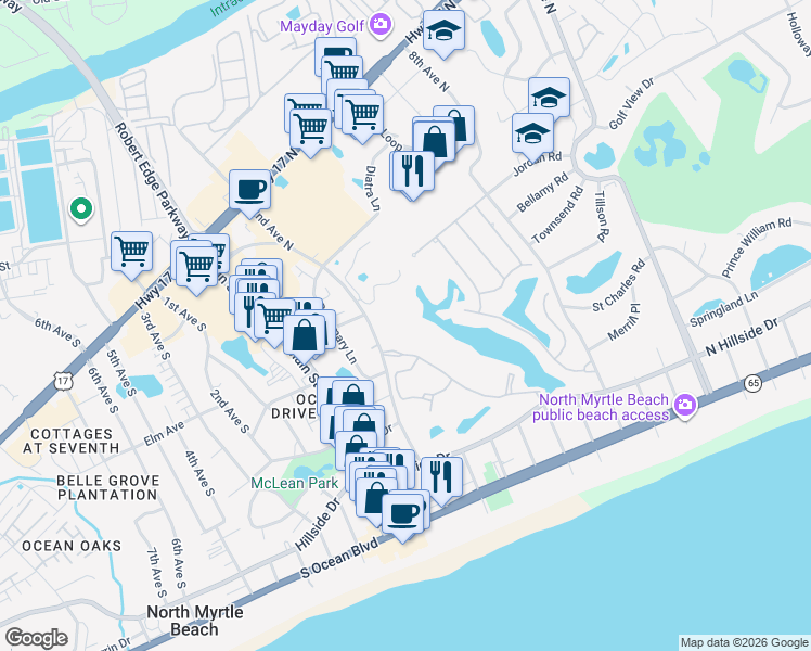 map of restaurants, bars, coffee shops, grocery stores, and more near 611 North Hillside Drive in North Myrtle Beach