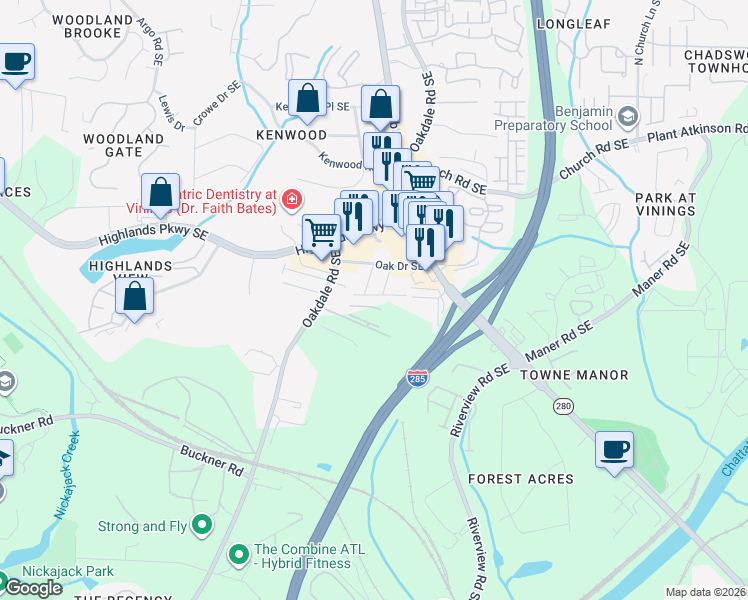 map of restaurants, bars, coffee shops, grocery stores, and more near 2220 Knoxhill View in Smyrna