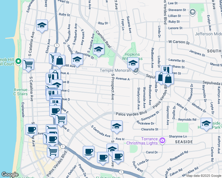 map of restaurants, bars, coffee shops, grocery stores, and more near 1007 South Prospect Avenue in Redondo Beach