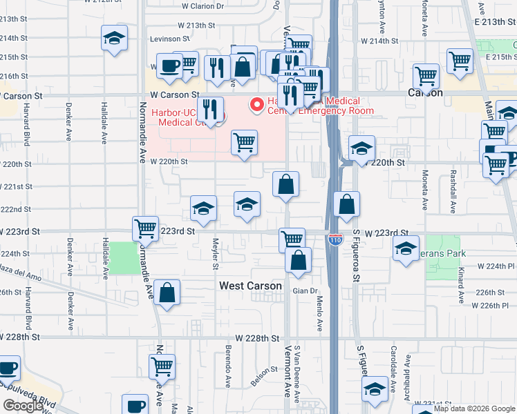 map of restaurants, bars, coffee shops, grocery stores, and more near 958 West 222nd Street in Torrance