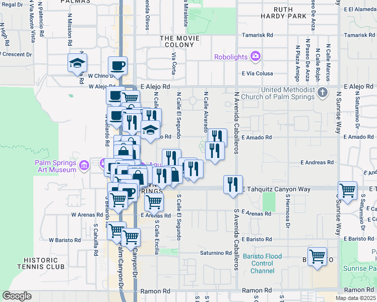 map of restaurants, bars, coffee shops, grocery stores, and more near 222 North Calle El Segundo in Palm Springs