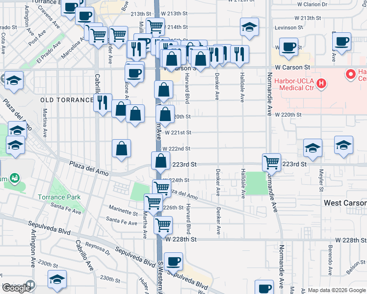 map of restaurants, bars, coffee shops, grocery stores, and more near 1602 West 221st Street in Torrance