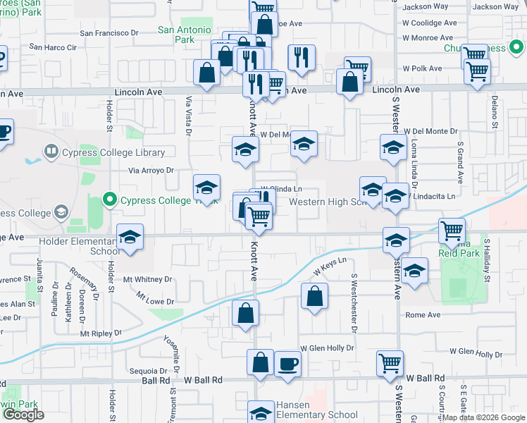 map of restaurants, bars, coffee shops, grocery stores, and more near 3438 West Ariel Place in Anaheim