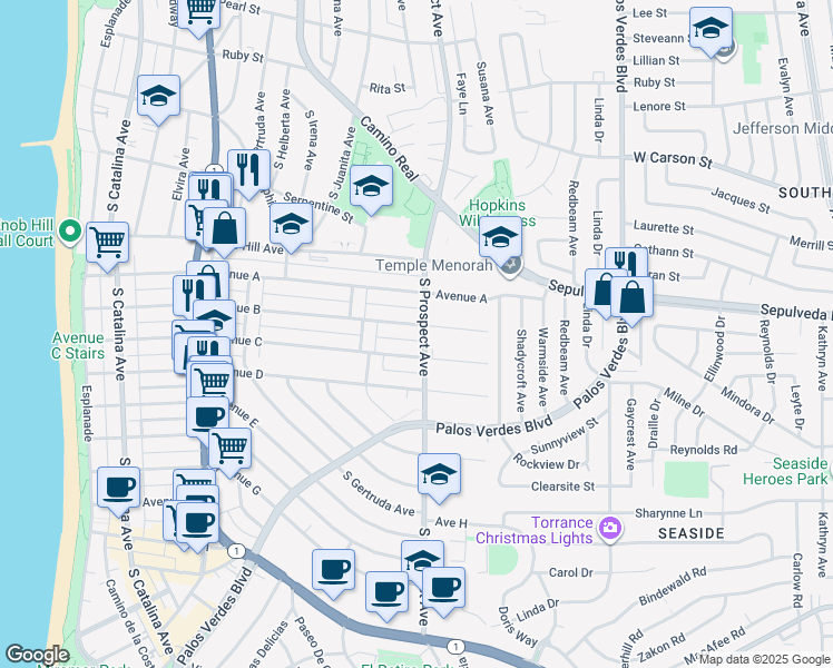 map of restaurants, bars, coffee shops, grocery stores, and more near 1007 South Prospect Avenue in Redondo Beach