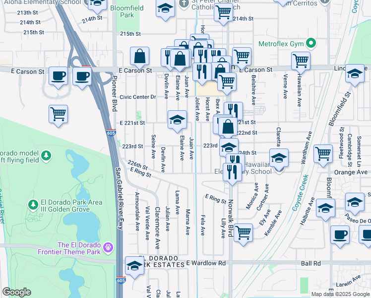 map of restaurants, bars, coffee shops, grocery stores, and more near 22211 Juan Avenue in Hawaiian Gardens