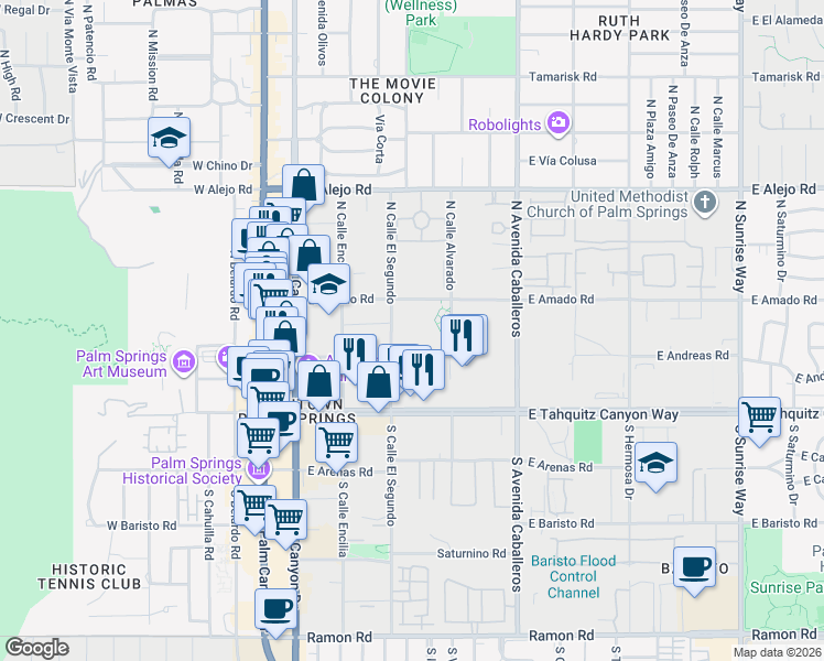 map of restaurants, bars, coffee shops, grocery stores, and more near 222 North Calle El Segundo in Palm Springs