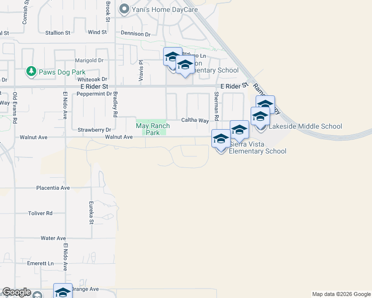 map of restaurants, bars, coffee shops, grocery stores, and more near 27330 Dunite Drive in Perris