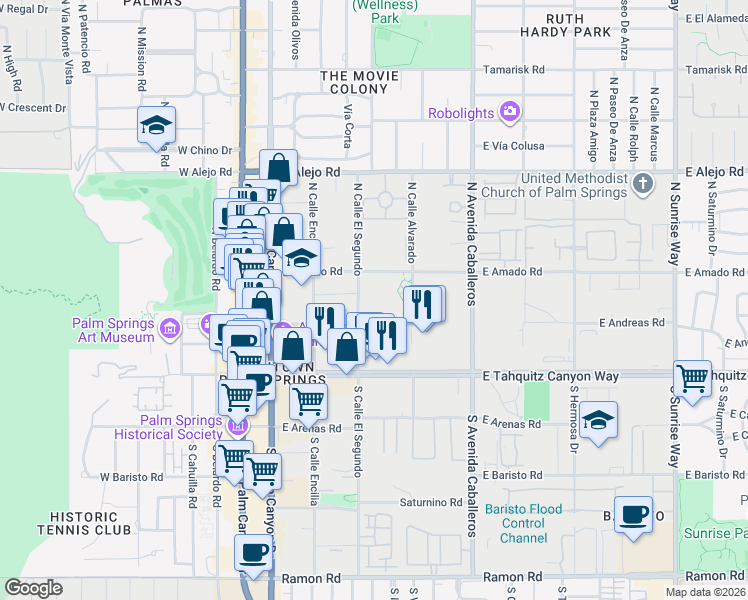 map of restaurants, bars, coffee shops, grocery stores, and more near 222 North Calle El Segundo in Palm Springs