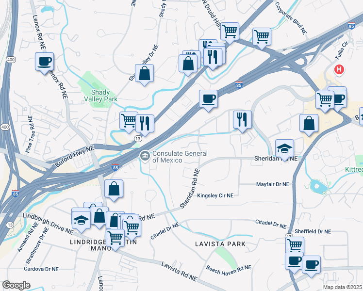 map of restaurants, bars, coffee shops, grocery stores, and more near 1538 Chantilly Drive Northeast in Atlanta