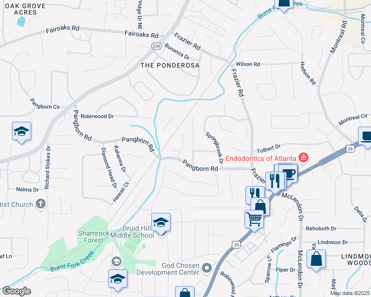 map of restaurants, bars, coffee shops, grocery stores, and more near 1523 Pangborn Station Drive in Decatur
