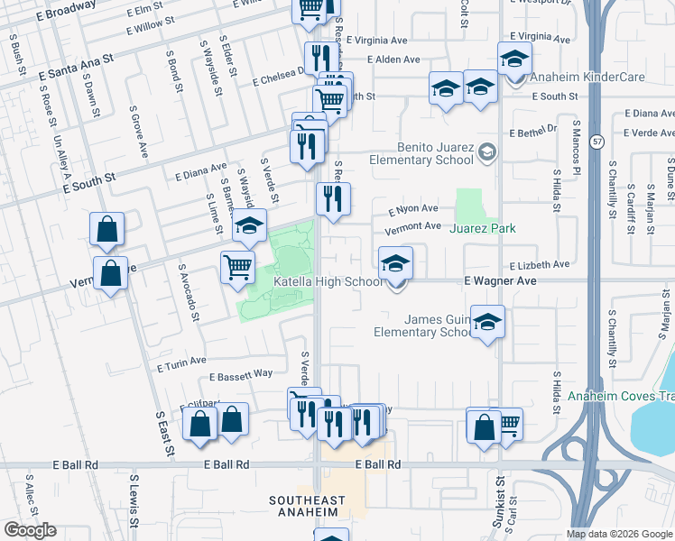 map of restaurants, bars, coffee shops, grocery stores, and more near 2015 East Saddlewood Lane in Anaheim