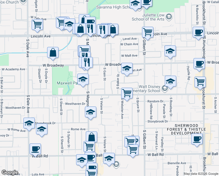 map of restaurants, bars, coffee shops, grocery stores, and more near 419 South Gain Street in Anaheim