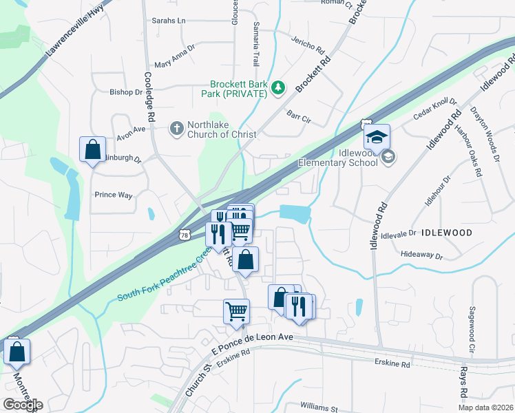 map of restaurants, bars, coffee shops, grocery stores, and more near 1479 Brockett Road in Tucker