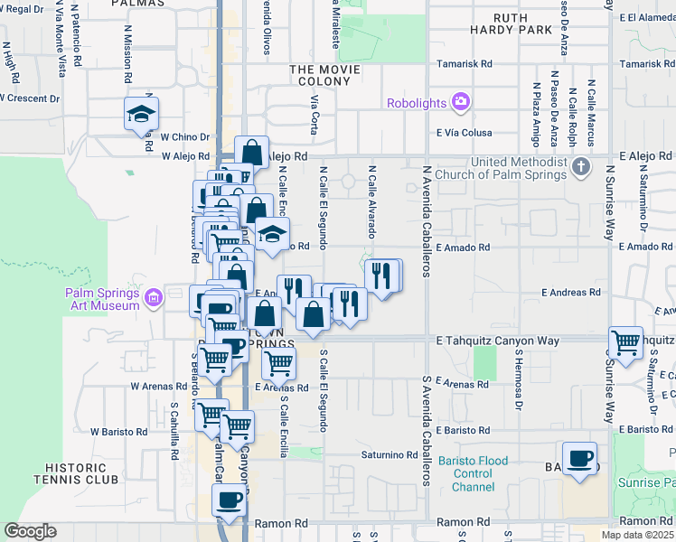 map of restaurants, bars, coffee shops, grocery stores, and more near 222 North Calle El Segundo in Palm Springs