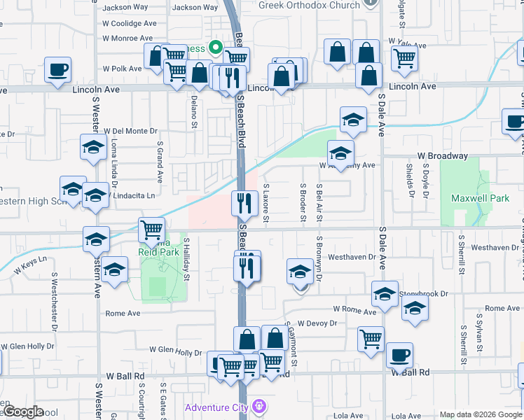 map of restaurants, bars, coffee shops, grocery stores, and more near 2957 West Rowland Circle in Anaheim