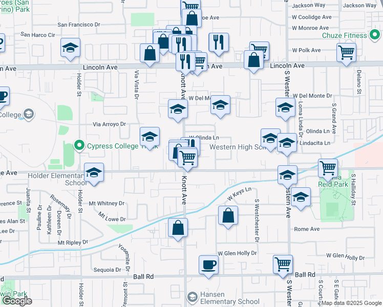 map of restaurants, bars, coffee shops, grocery stores, and more near 3438 West Ariel Place in Anaheim