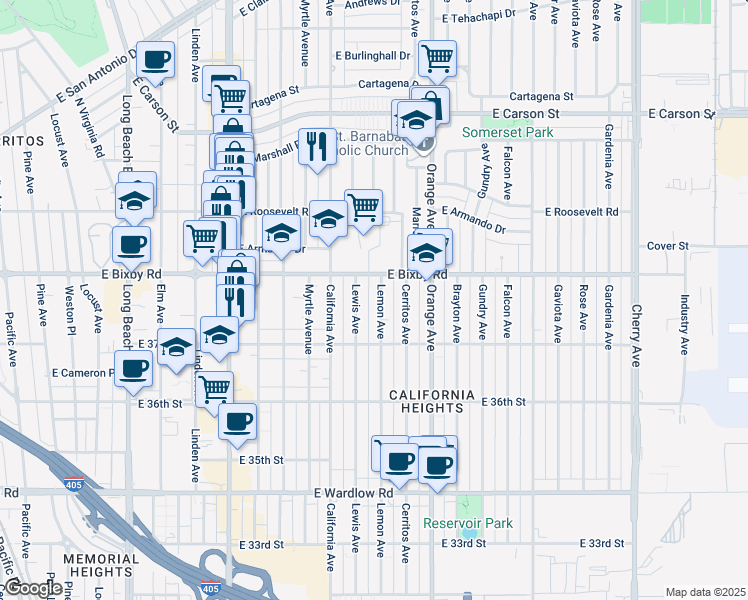 map of restaurants, bars, coffee shops, grocery stores, and more near 3761 Lemon Avenue in Long Beach