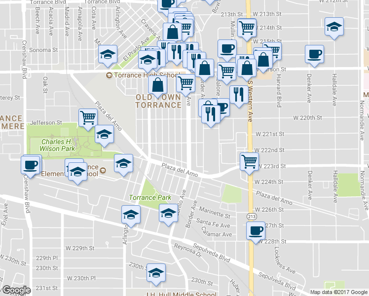 map of restaurants, bars, coffee shops, grocery stores, and more near 2118 Cabrillo Avenue in Torrance