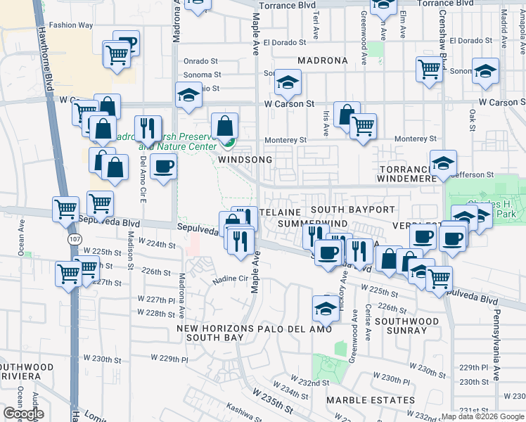 map of restaurants, bars, coffee shops, grocery stores, and more near 2300 Maple Avenue in Torrance