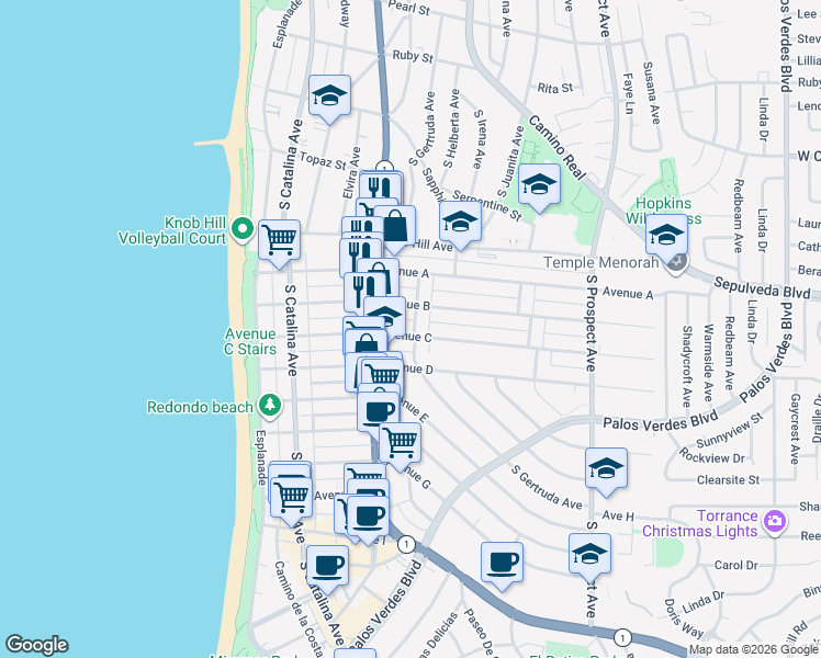 map of restaurants, bars, coffee shops, grocery stores, and more near 532 1/2 Avenue B in Redondo Beach