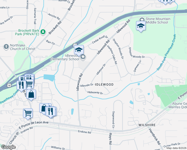 map of restaurants, bars, coffee shops, grocery stores, and more near 1548 Idlehour Drive in Tucker