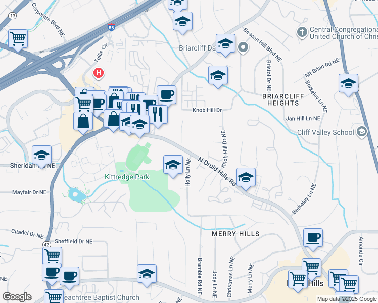 map of restaurants, bars, coffee shops, grocery stores, and more near 1643 Mount Mariah Road Northeast in Atlanta