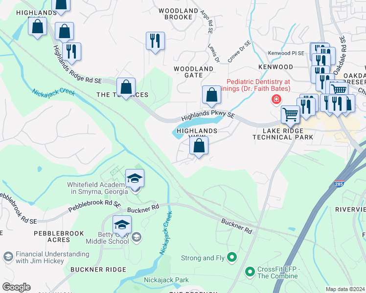 map of restaurants, bars, coffee shops, grocery stores, and more near 1730 Highlands View Drive in Smyrna