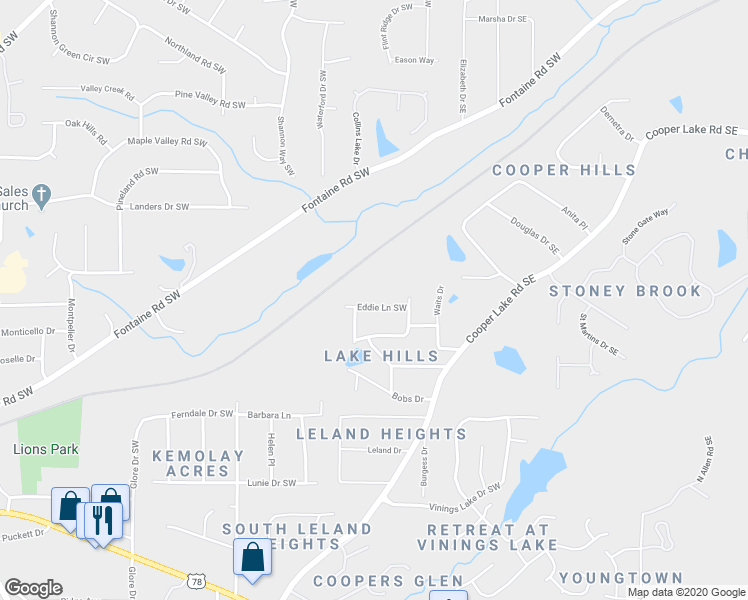 map of restaurants, bars, coffee shops, grocery stores, and more near 76 Eddie Lane Southwest in Mableton