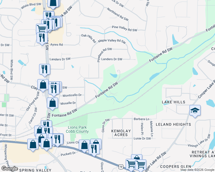 map of restaurants, bars, coffee shops, grocery stores, and more near 470 Fontaine Road Southwest in Mableton