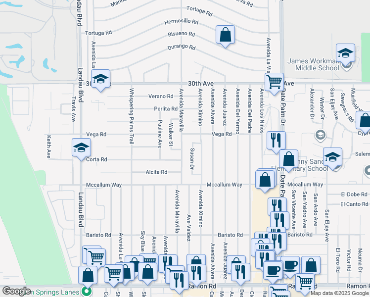 map of restaurants, bars, coffee shops, grocery stores, and more near 30608 Avenida Maravilla in Cathedral City