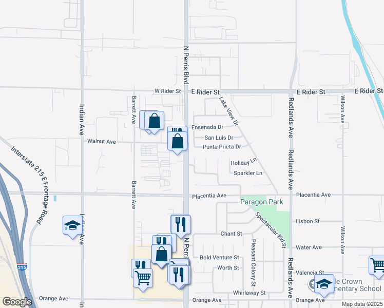 map of restaurants, bars, coffee shops, grocery stores, and more near 2896 Discovery Court in Perris