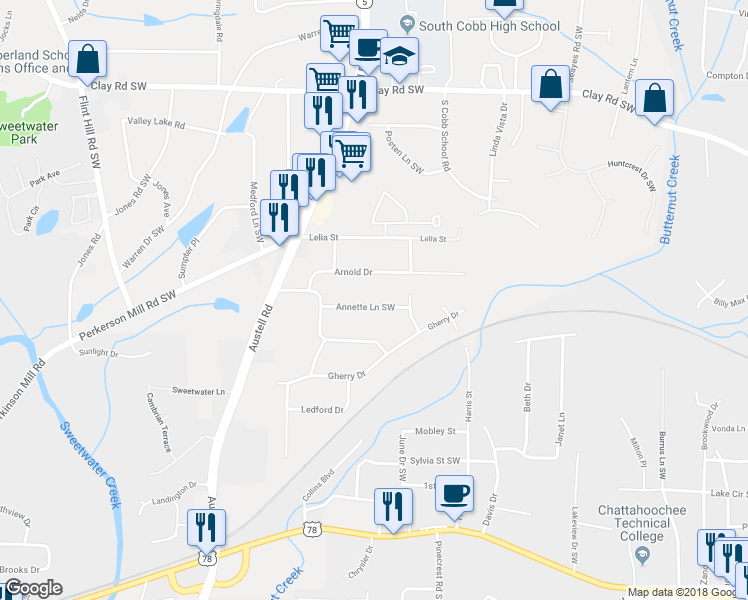 map of restaurants, bars, coffee shops, grocery stores, and more near 1932 Annette Lane Southwest in Austell