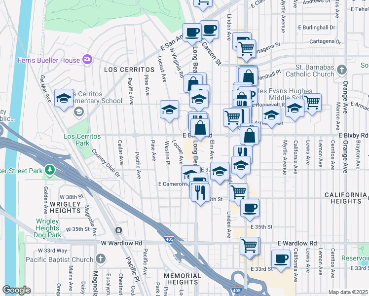 map of restaurants, bars, coffee shops, grocery stores, and more near 3750 Locust Avenue in Long Beach