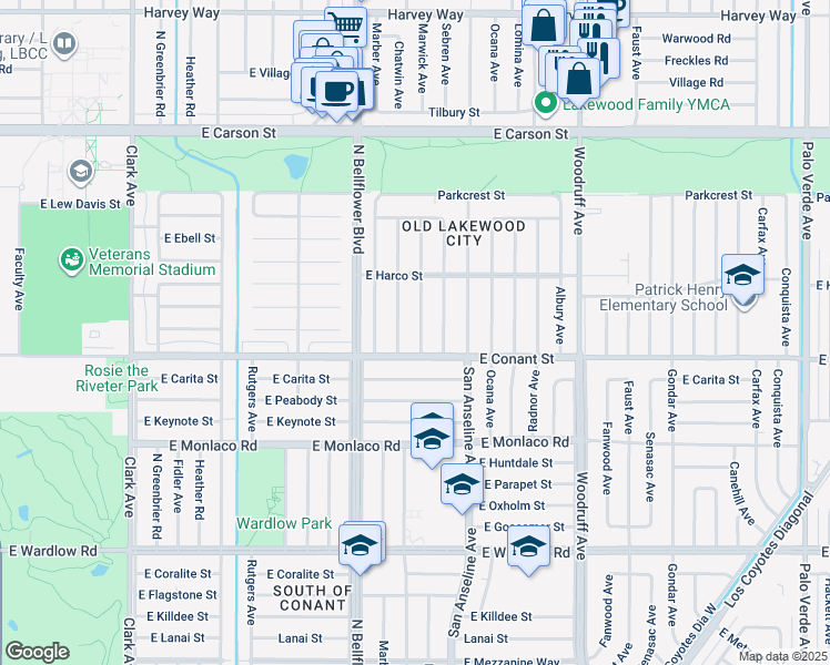 map of restaurants, bars, coffee shops, grocery stores, and more near 3748 Chatwin Avenue in Long Beach