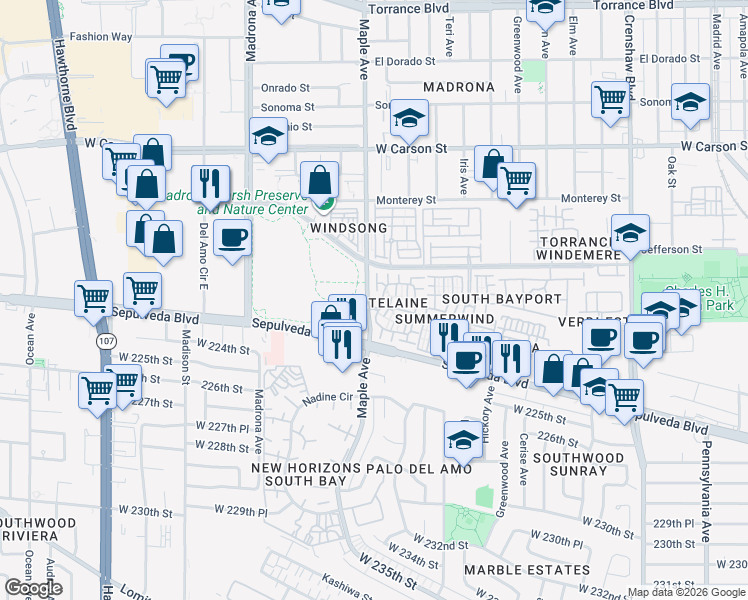 map of restaurants, bars, coffee shops, grocery stores, and more near 2300 Maple Avenue in Torrance