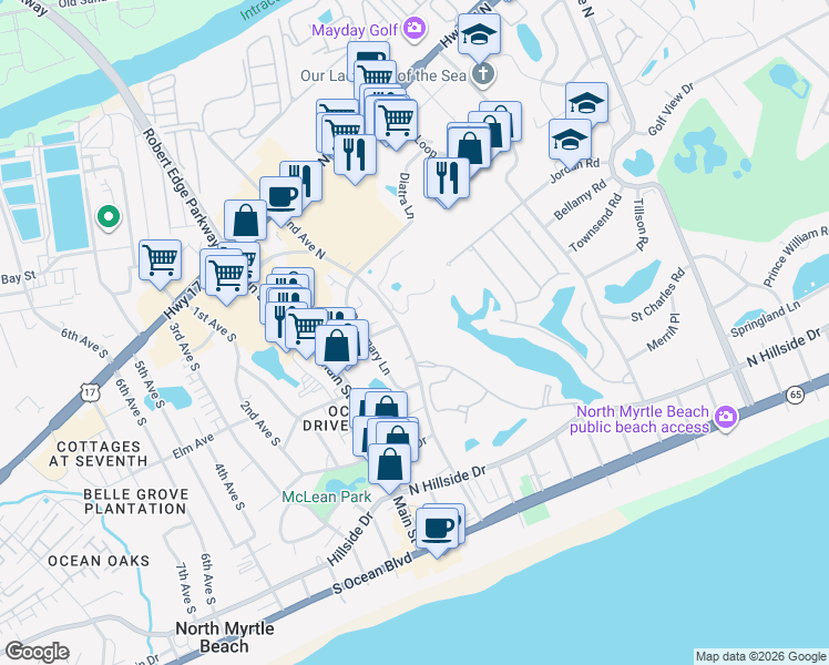 map of restaurants, bars, coffee shops, grocery stores, and more near 1354 Landfall Drive in North Myrtle Beach