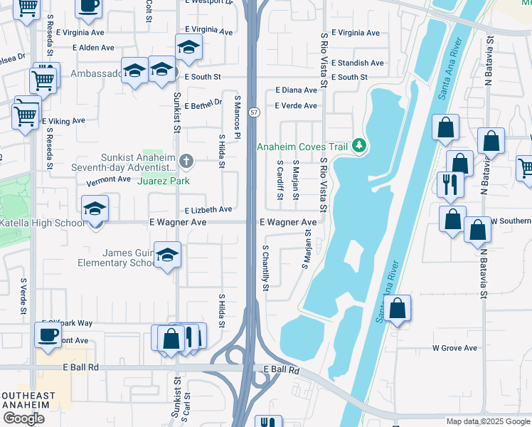map of restaurants, bars, coffee shops, grocery stores, and more near 2708 East Lizbeth Avenue in Anaheim