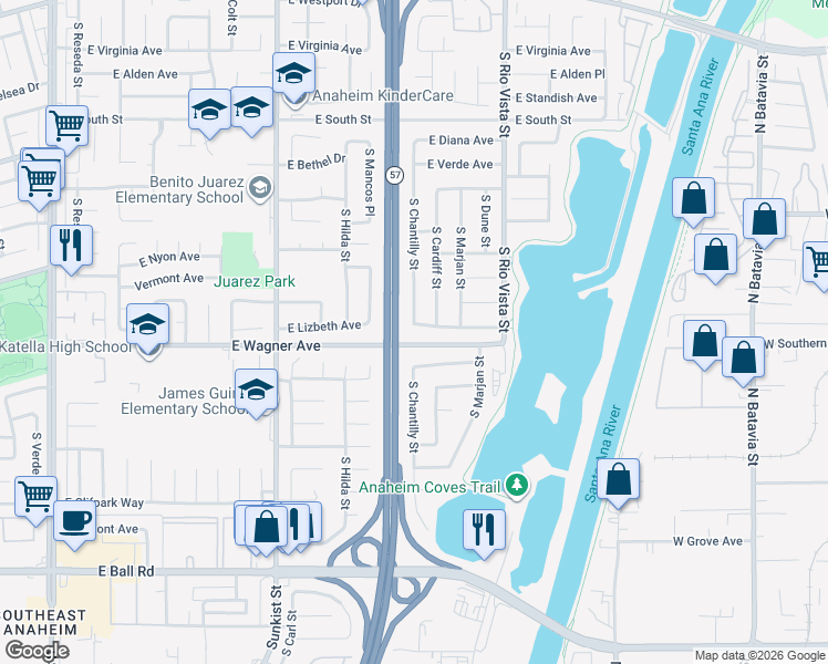 map of restaurants, bars, coffee shops, grocery stores, and more near 2708 East Lizbeth Avenue in Anaheim