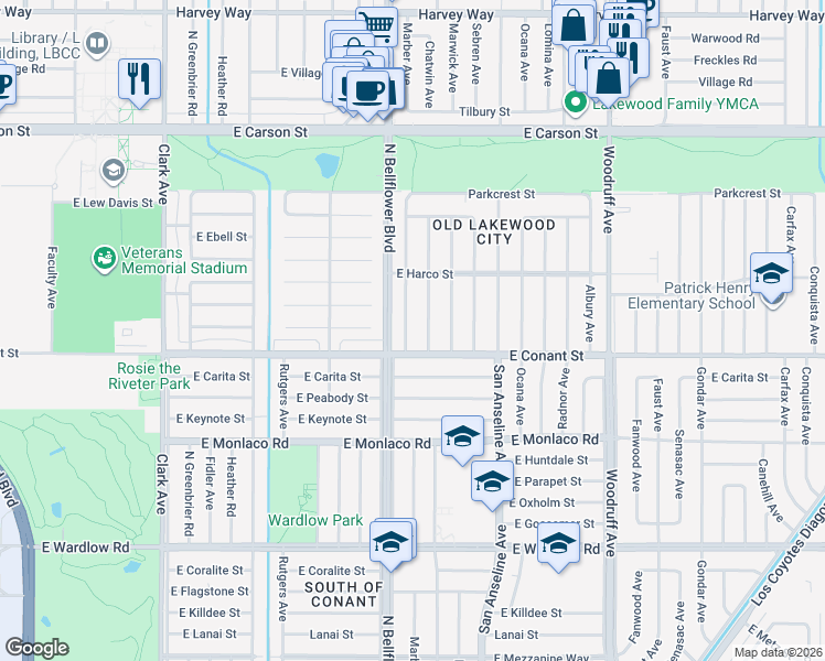 map of restaurants, bars, coffee shops, grocery stores, and more near 3748 Chatwin Avenue in Long Beach