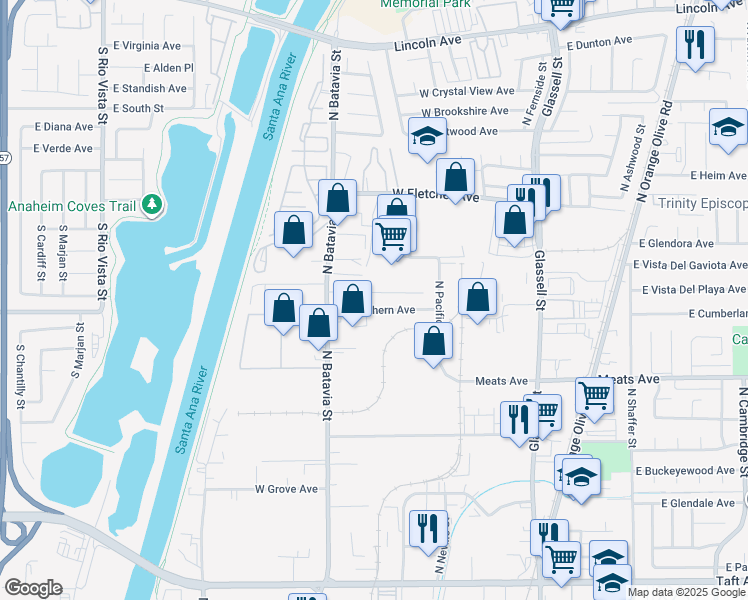 map of restaurants, bars, coffee shops, grocery stores, and more near 722 West Cully Drive in Orange