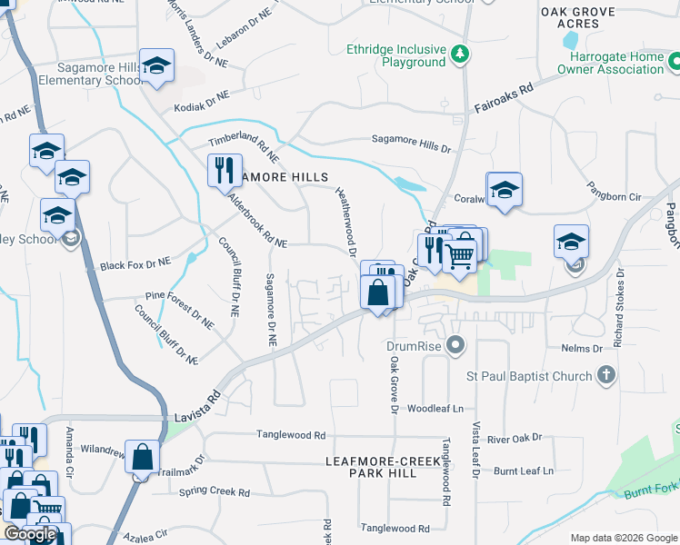 map of restaurants, bars, coffee shops, grocery stores, and more near 1562 Alderbrook Road Northeast in Atlanta