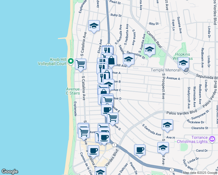 map of restaurants, bars, coffee shops, grocery stores, and more near 515 Avenue C in Redondo Beach