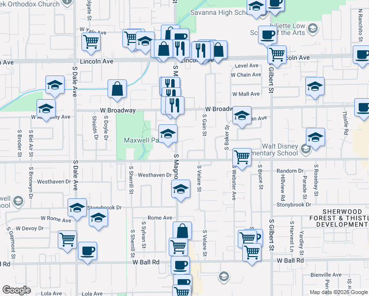 map of restaurants, bars, coffee shops, grocery stores, and more near 2565 West Runyon Place in Anaheim